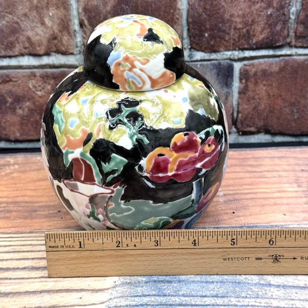 Vtg China Trader Porcelain Ginger Jar W/Lid Majolica Style Fruit Nightingale's‎